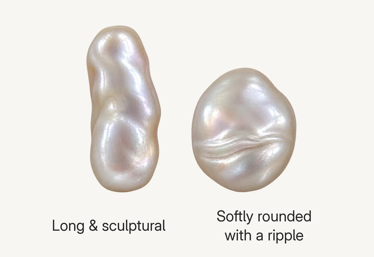 Two new baroque pearl illustrations side by side: a long uneven column on the left, and a softly rounded pearl with a light-catching ripple on the right. The labels identify the two forms described in the opening paragraph.