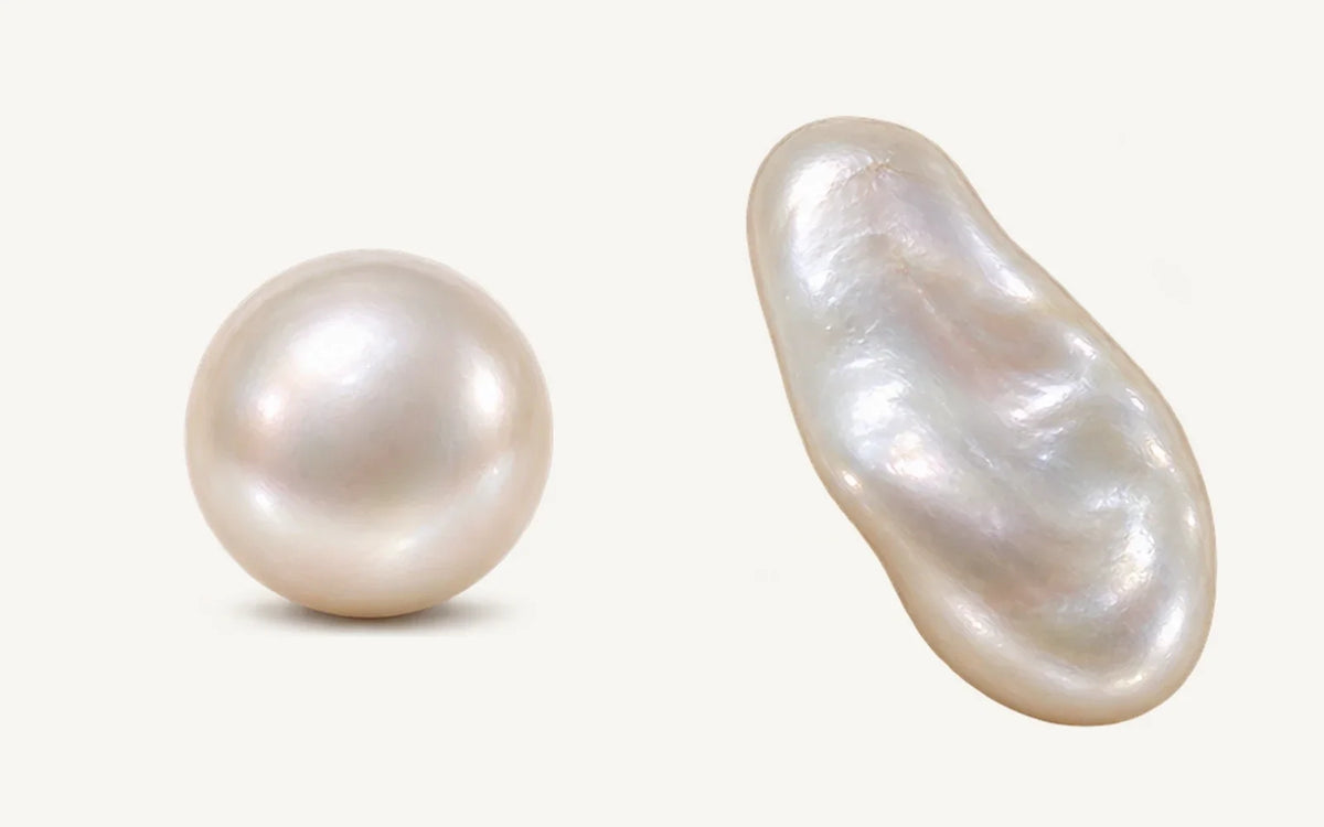 A round pearl illustration beside a longer, gently twisted irregular pearl illustration.