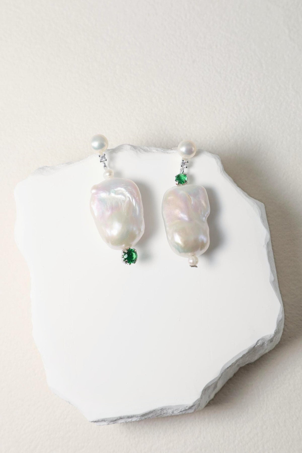 Green Crystal & Baroque Pearl Drop Earrings