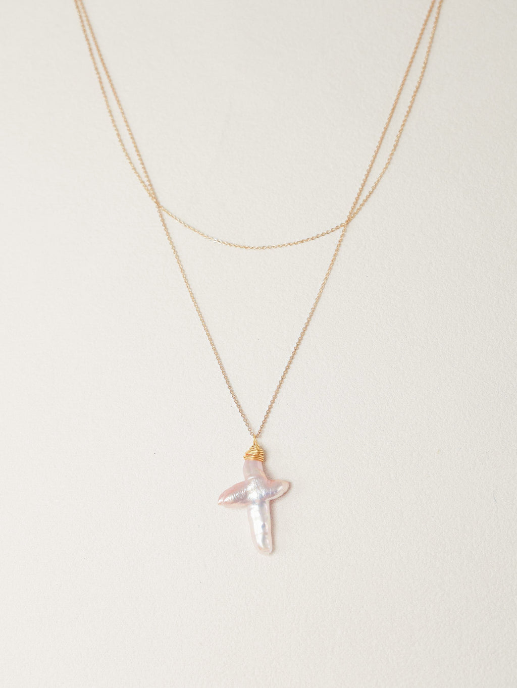 Double-Layer Baroque Pearl Cross Necklace