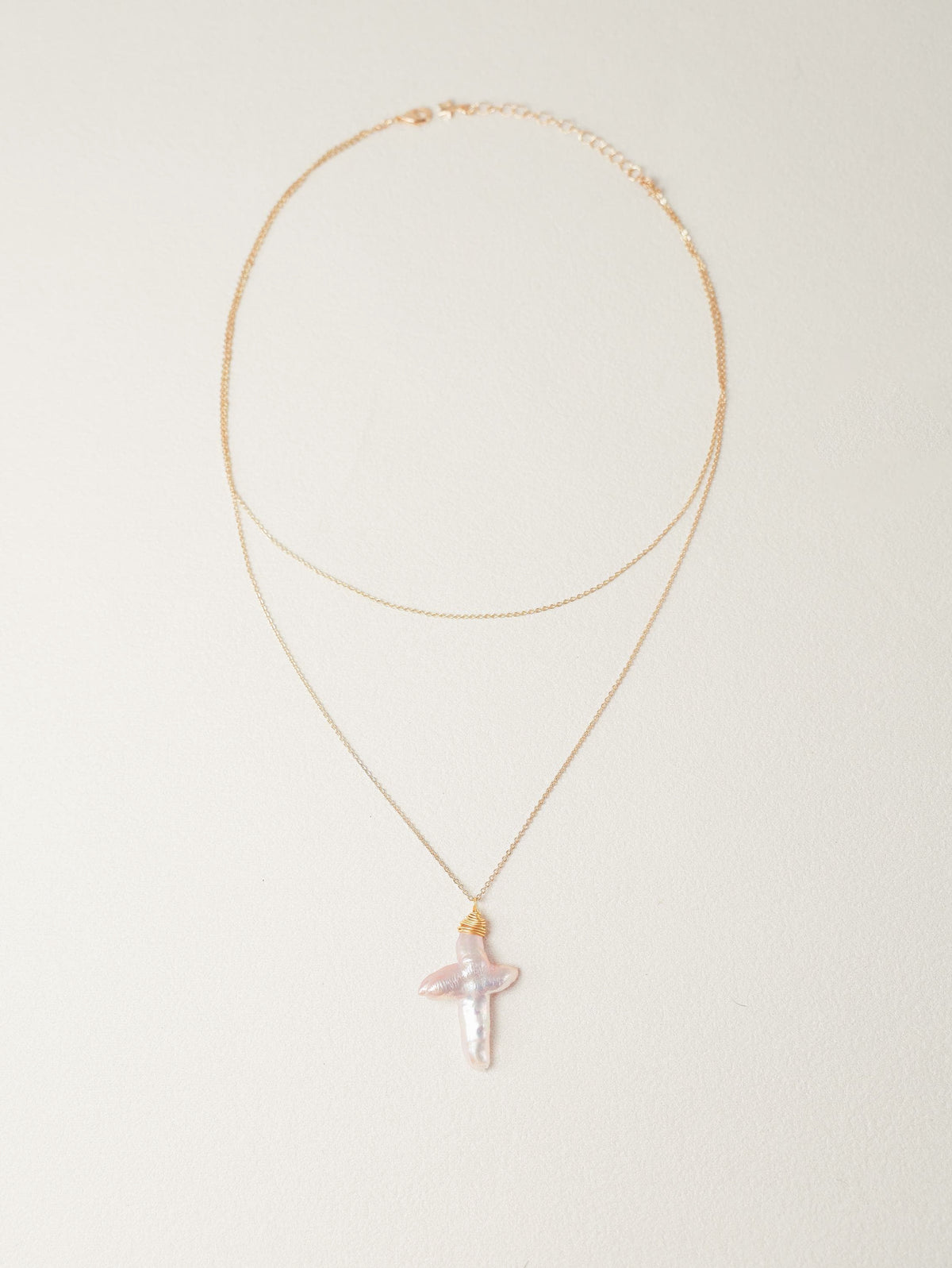 Double-Layer Baroque Pearl Cross Necklace