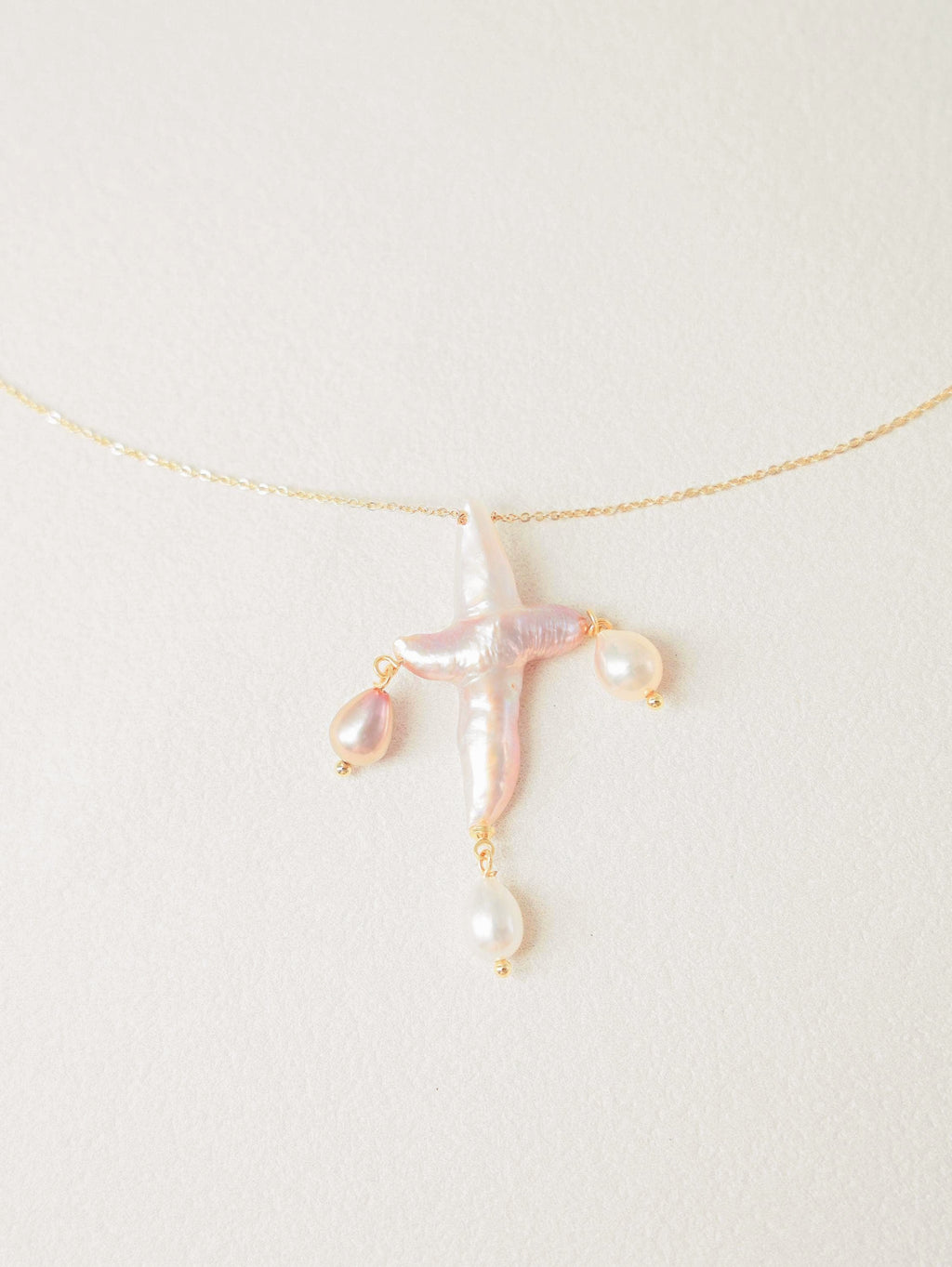 Three-Drop Baroque Pearl Cross Necklace
