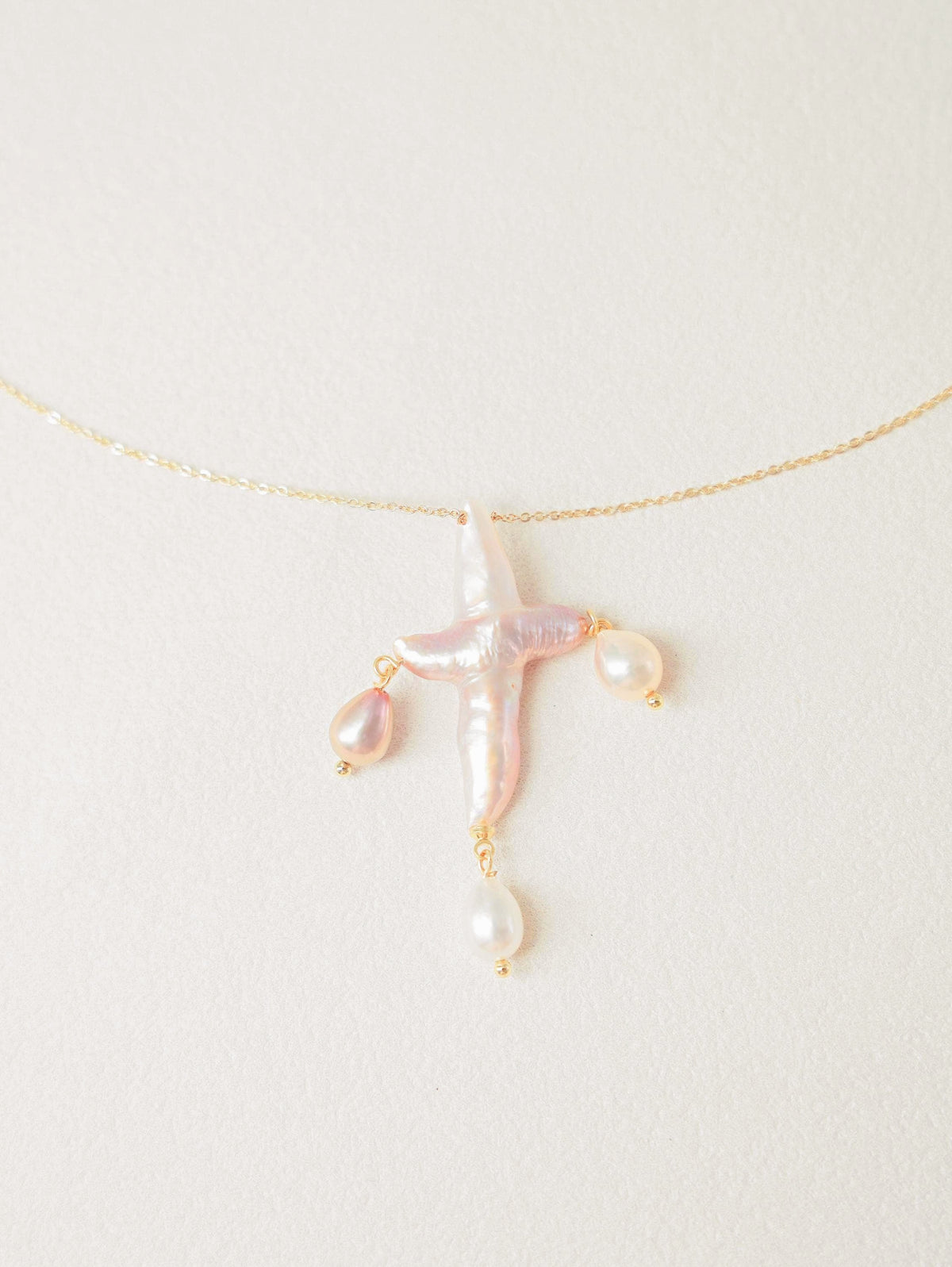 Three-Drop Baroque Pearl Cross Necklace