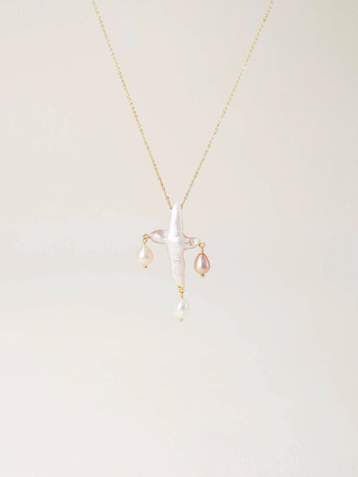 Three-Drop Baroque Pearl Cross Necklace