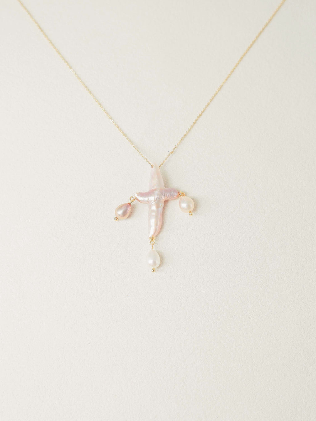 Three-Drop Baroque Pearl Cross Necklace