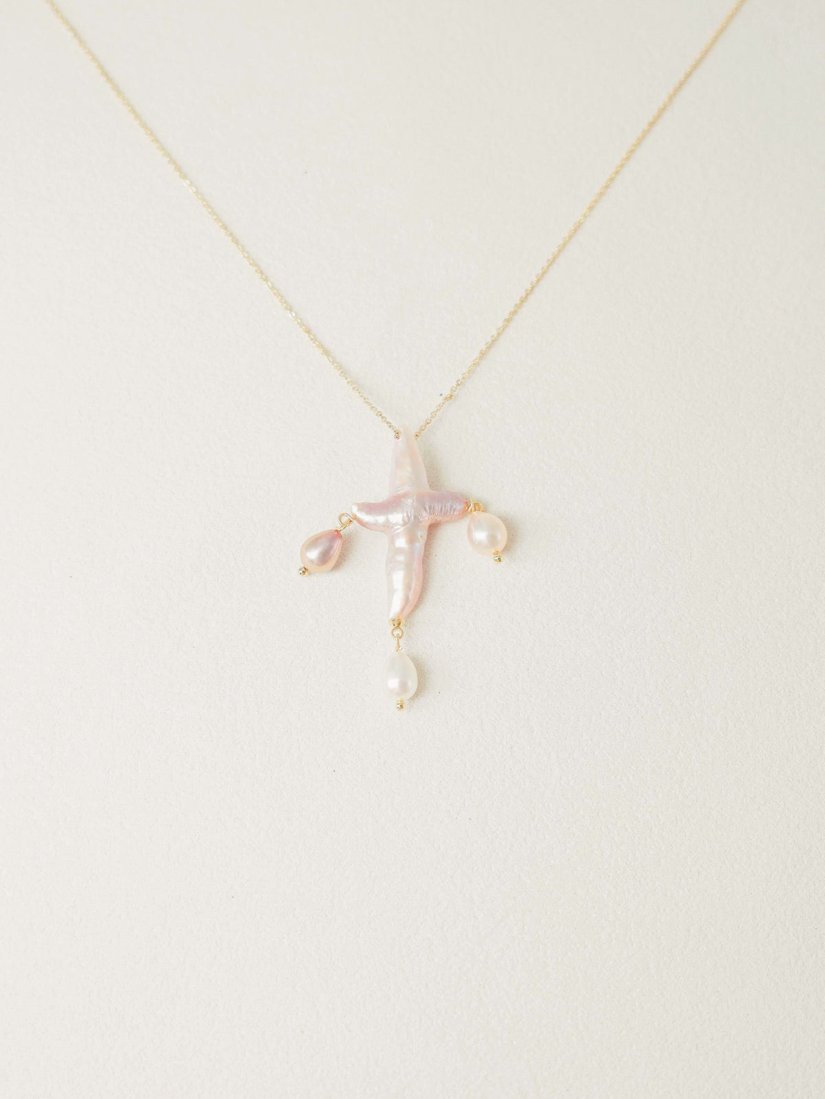 Three-Drop Baroque Pearl Cross Necklace