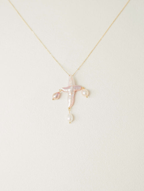 Three-Drop Baroque Pearl Cross Necklace
