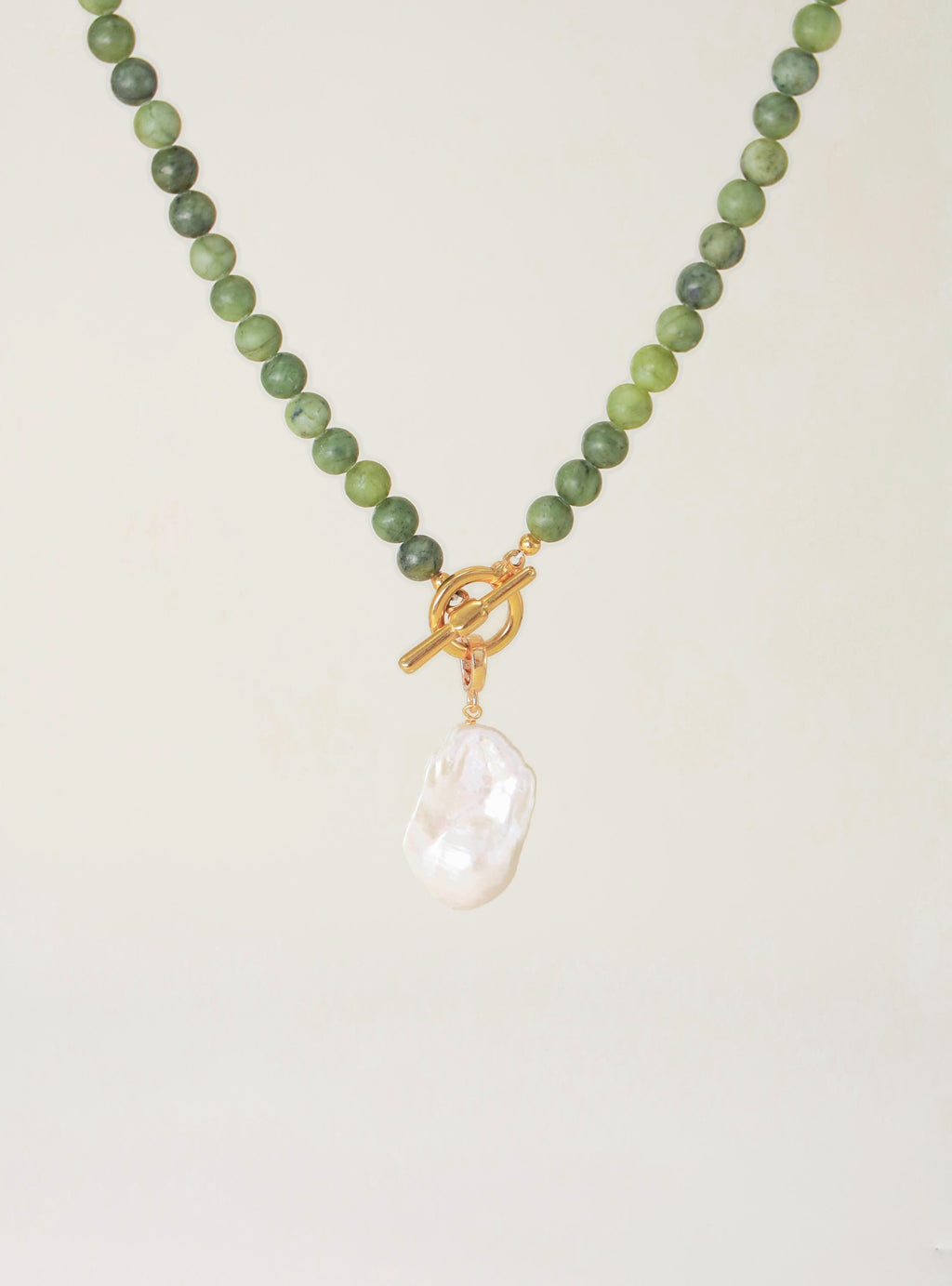 Green Serpentine & Baroque Pearl Toggle Necklace