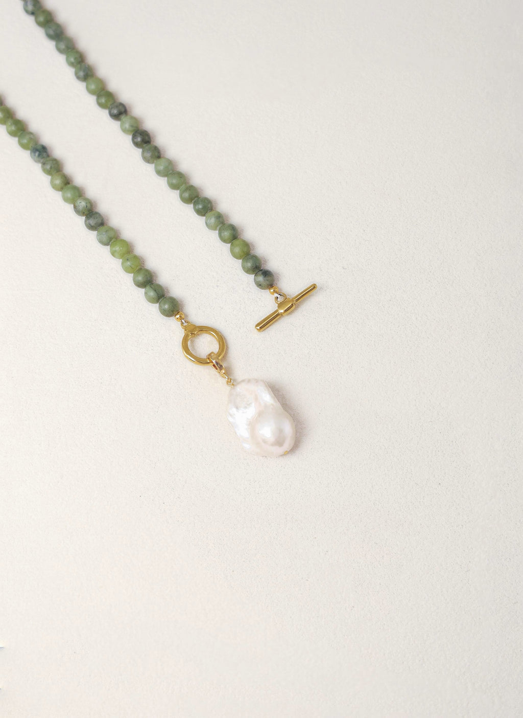 Green Serpentine & Baroque Pearl Toggle Necklace