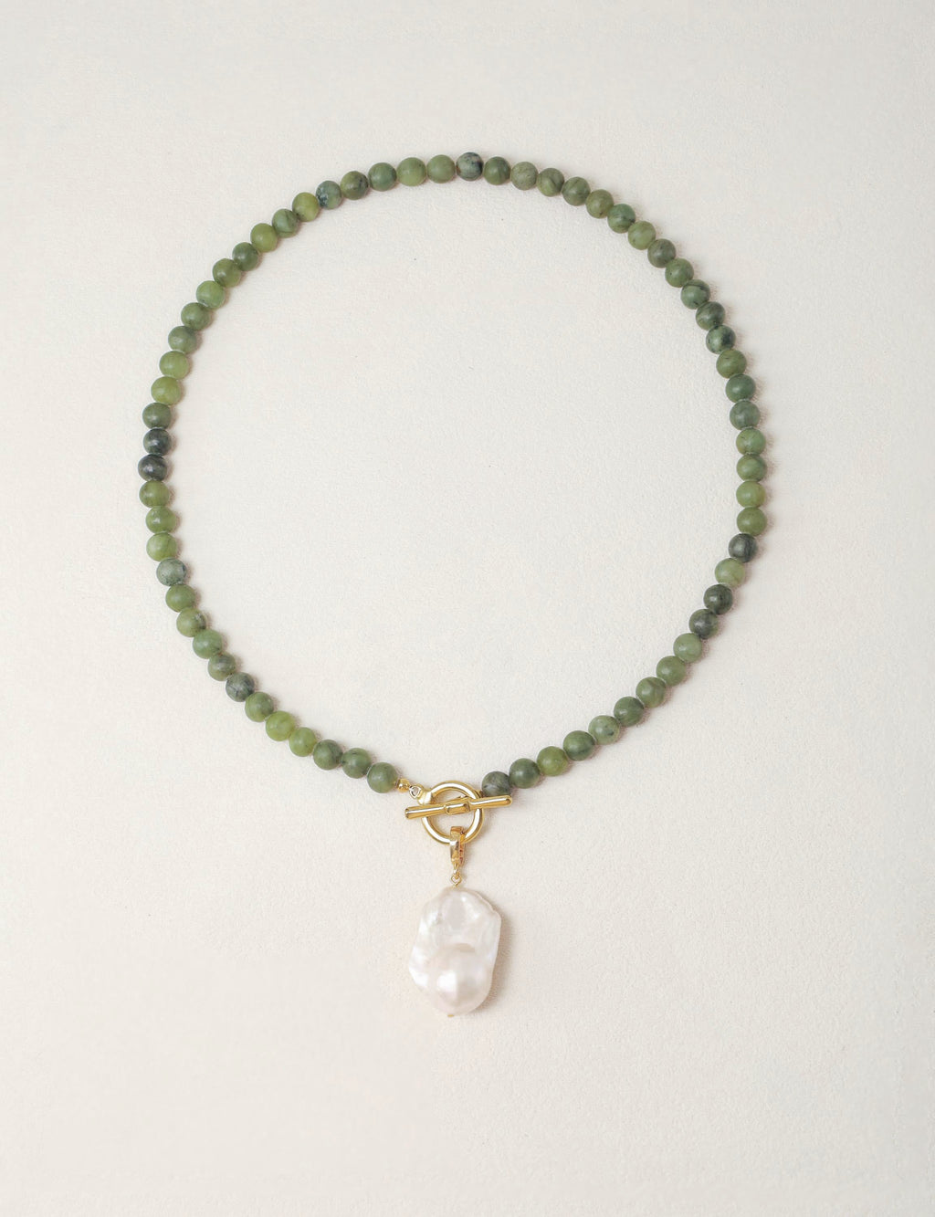 Green Serpentine & Baroque Pearl Toggle Necklace