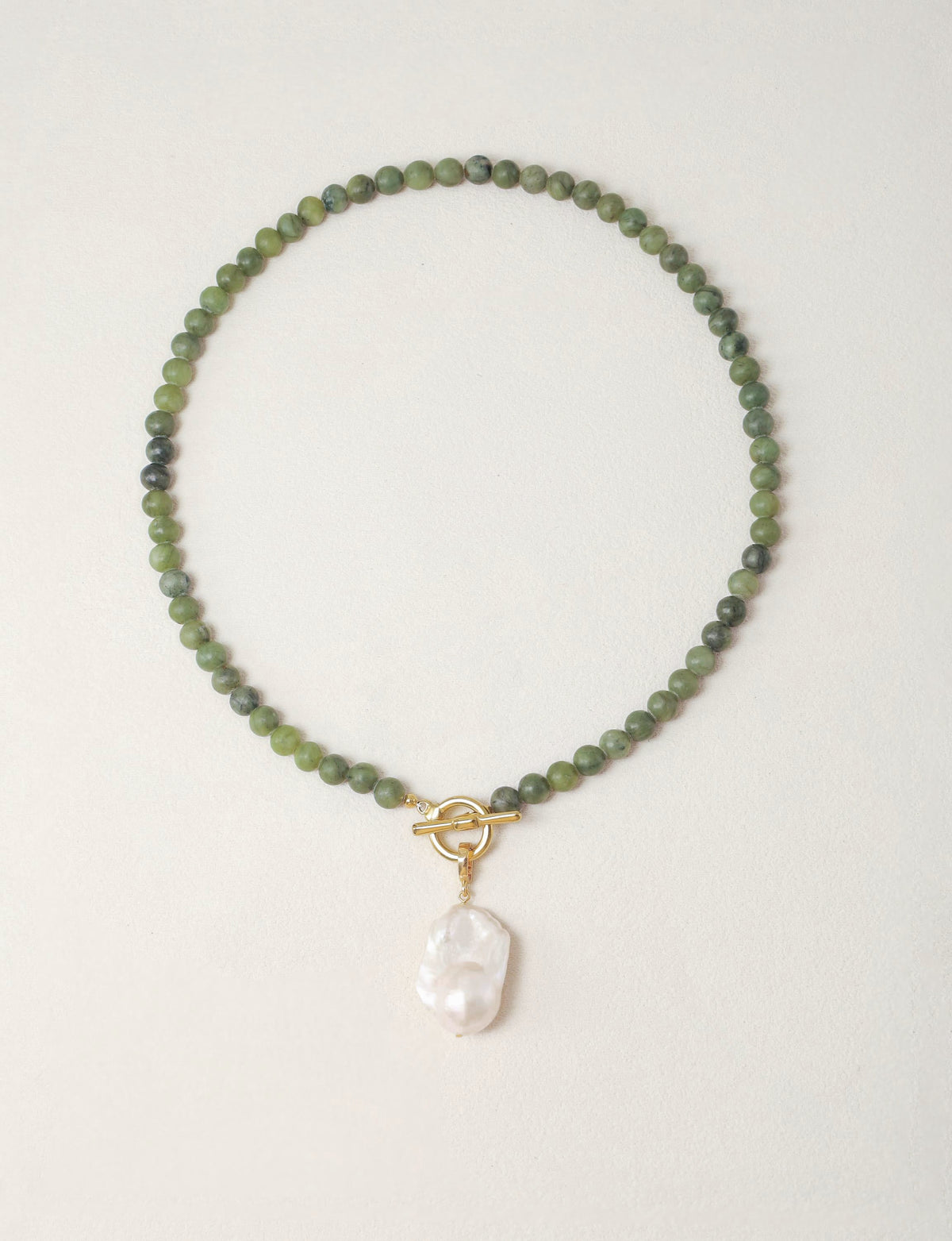 Green Serpentine & Baroque Pearl Toggle Necklace