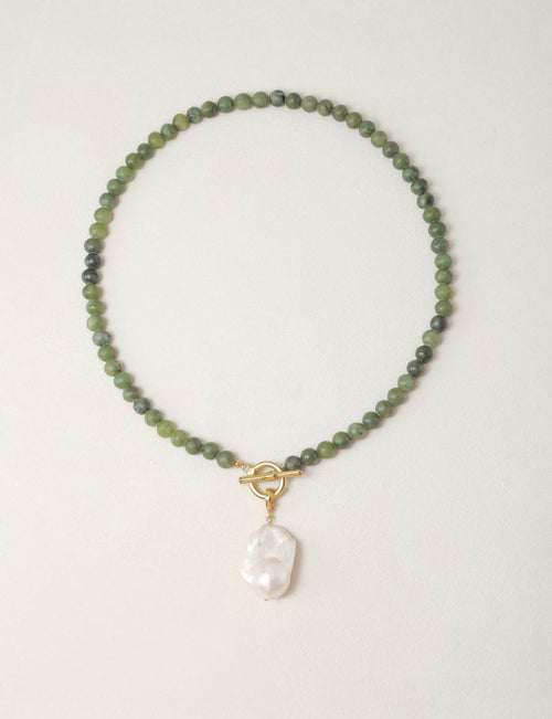 Green Serpentine & Baroque Pearl Toggle Necklace
