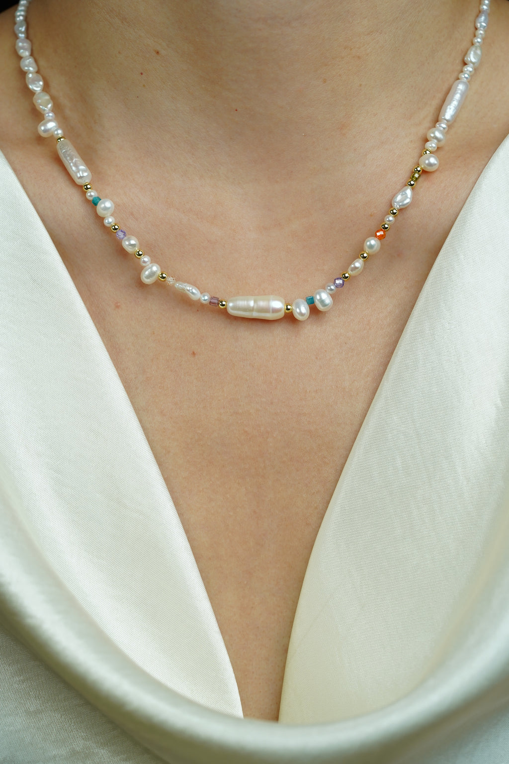 Rainbow Gemstone Pearl Necklace