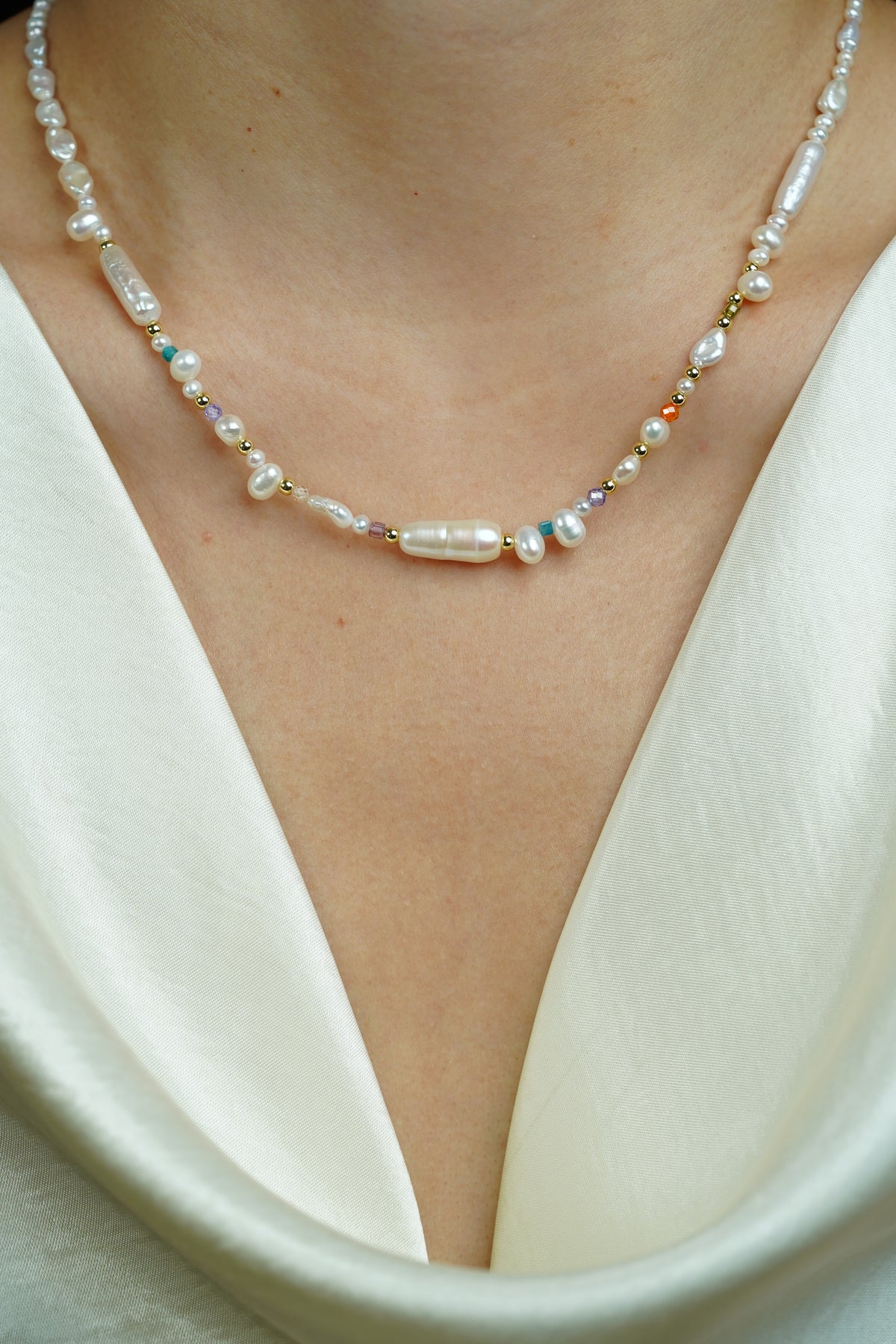 Rainbow Gemstone Pearl Necklace