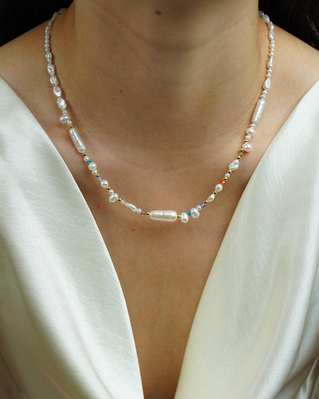 Rainbow Gemstone Pearl Necklace
