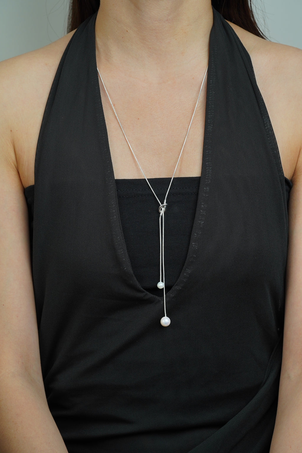 Minimal Silver Pearl Y Necklace