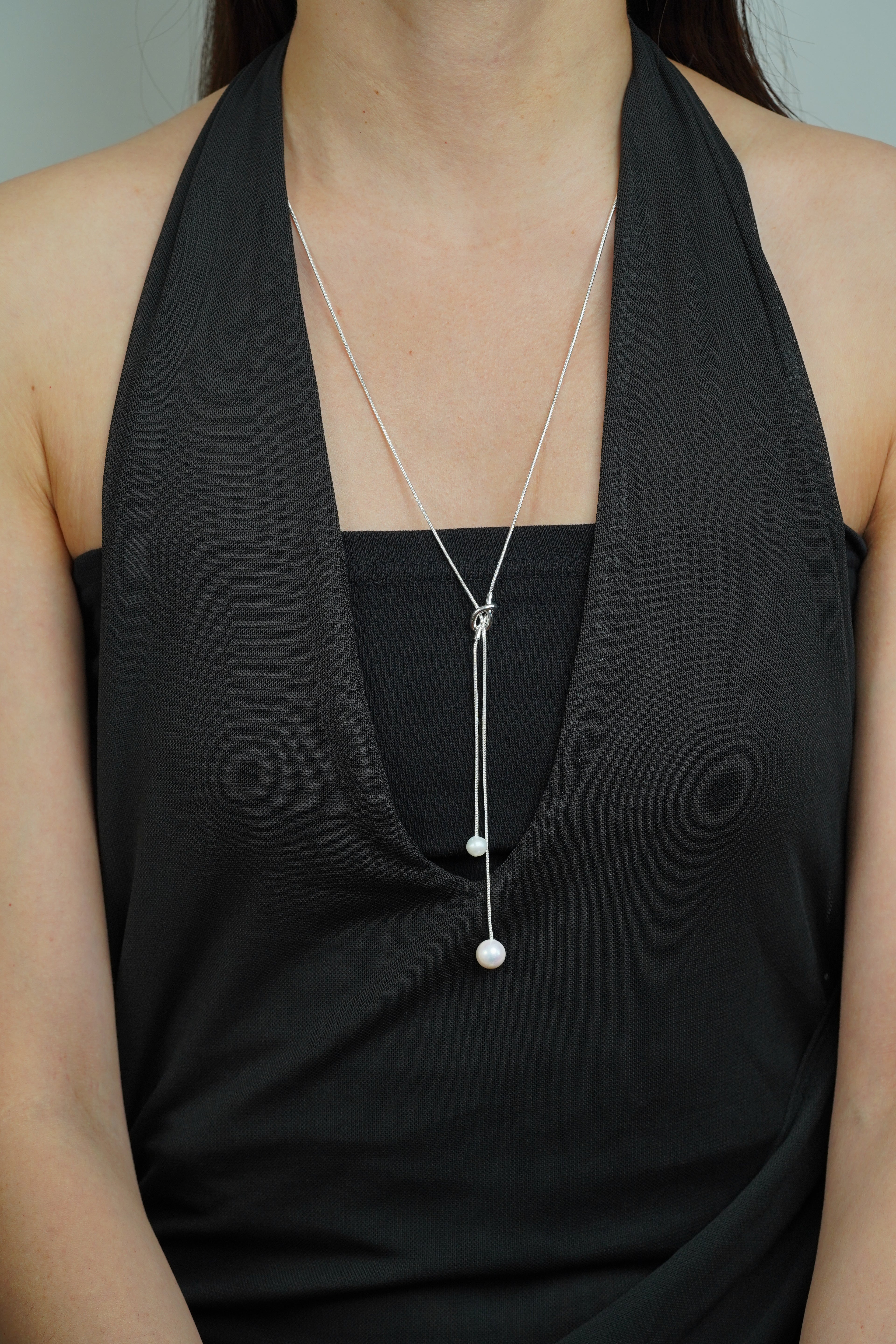 Minimal Silver Pearl Y Necklace