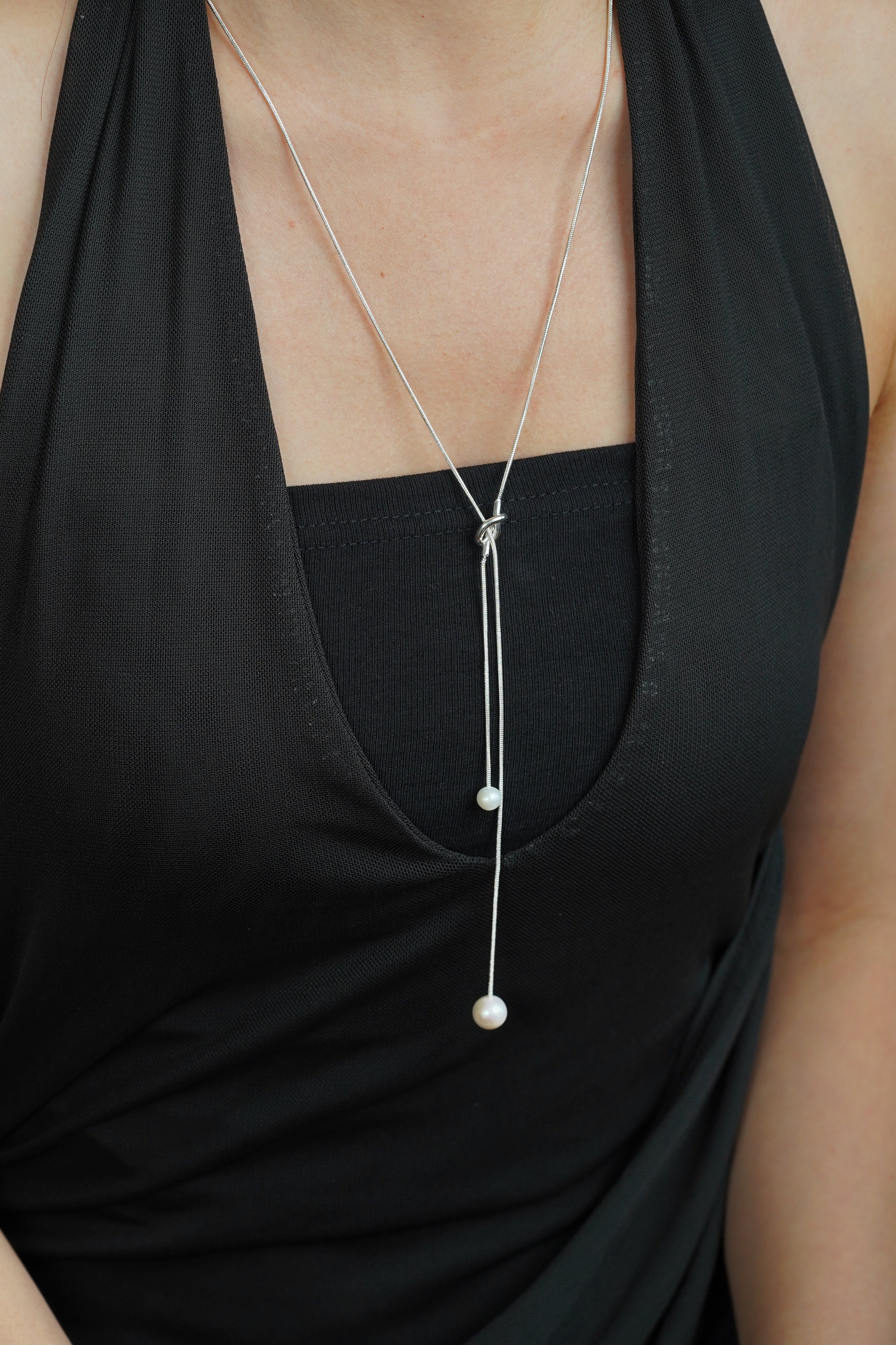Long Silver Lariat Pearl Necklace, Y Drop Necklace for Women