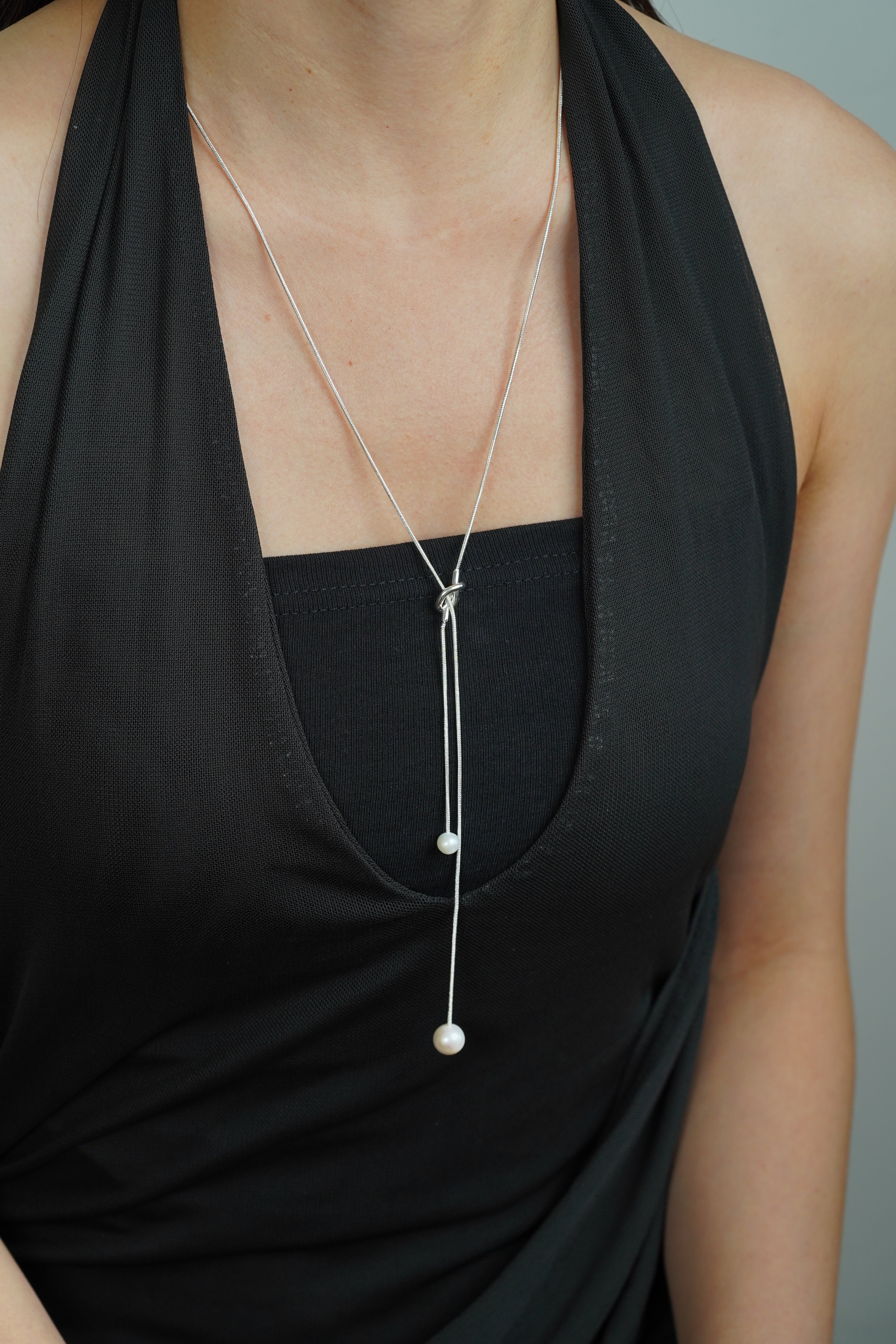 Minimal Silver Pearl Y Necklace