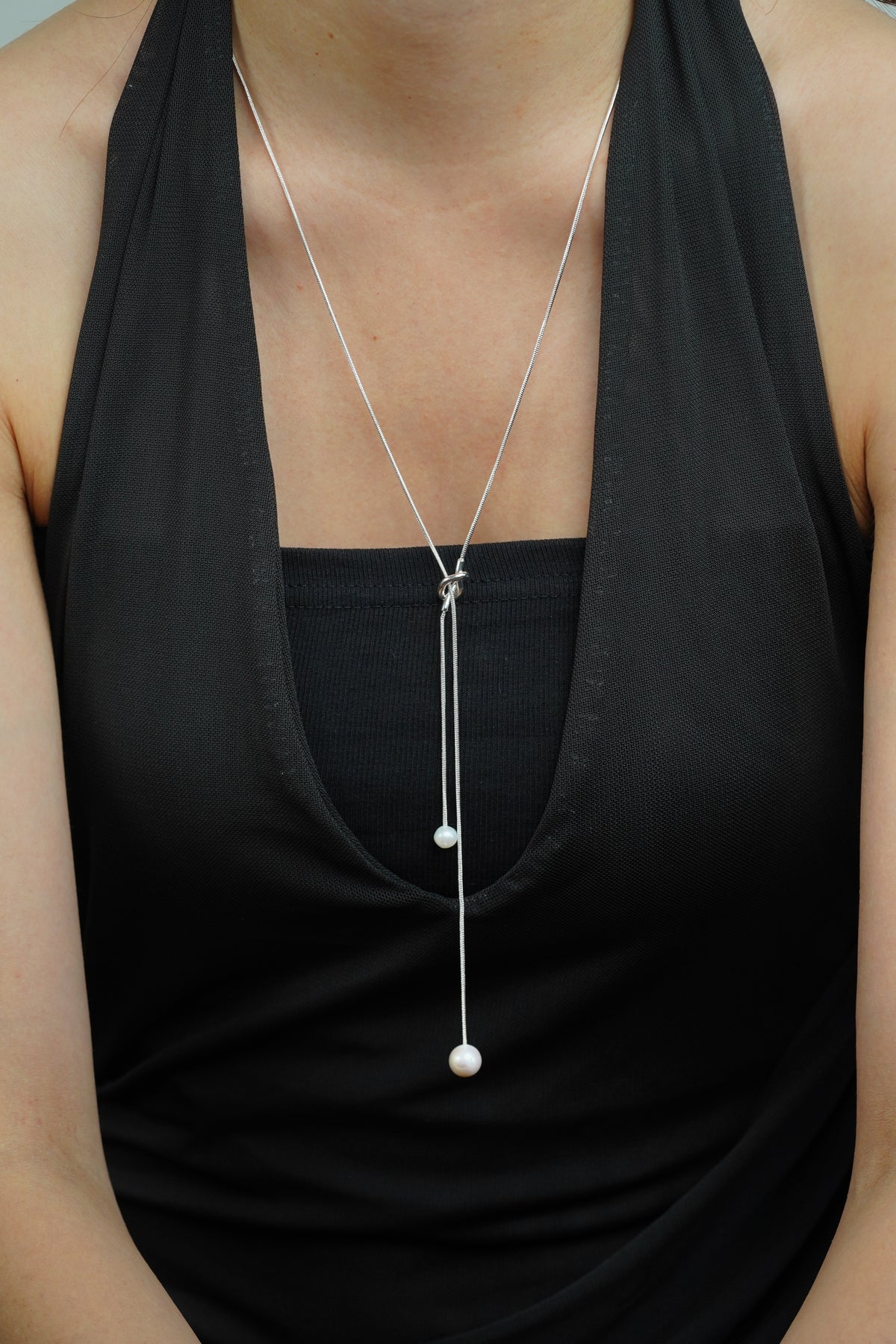 Minimal Silver Pearl Y Necklace