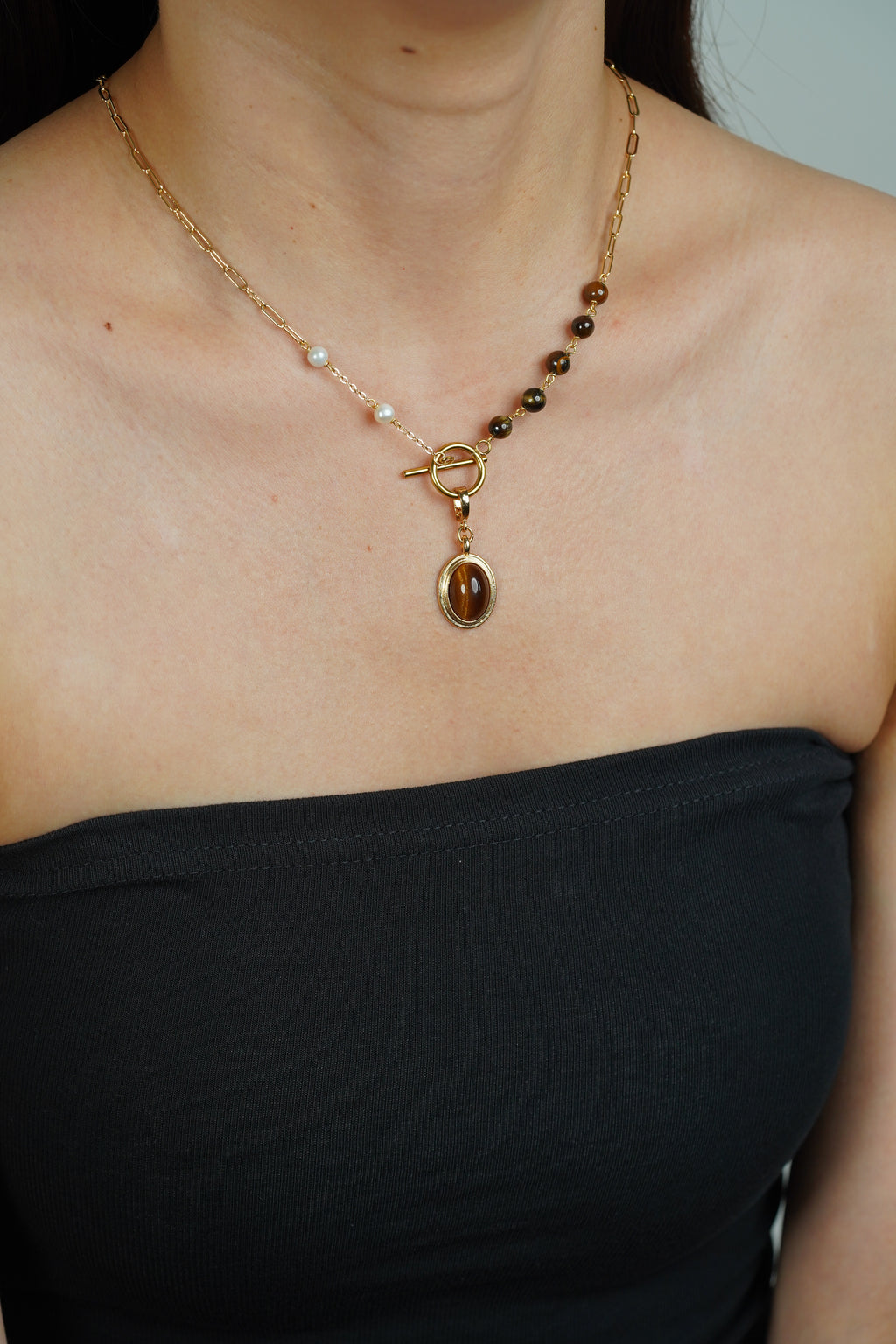 Tiger's Eye Asymmetric Pearl Y Necklace