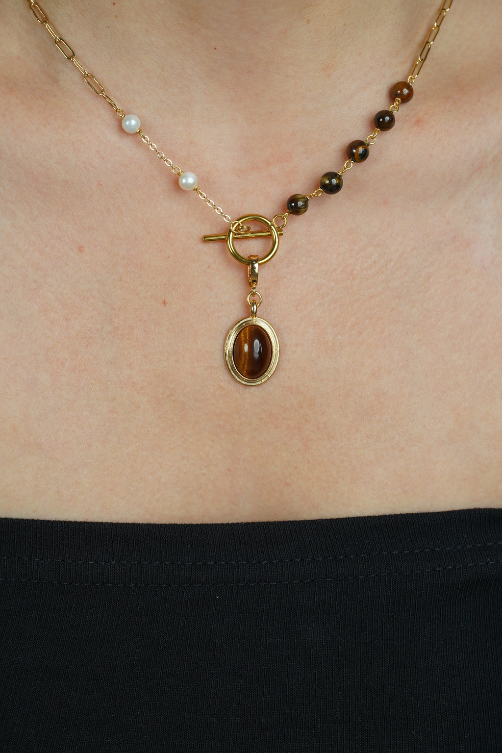 Tiger's Eye Asymmetric Pearl Y Necklace