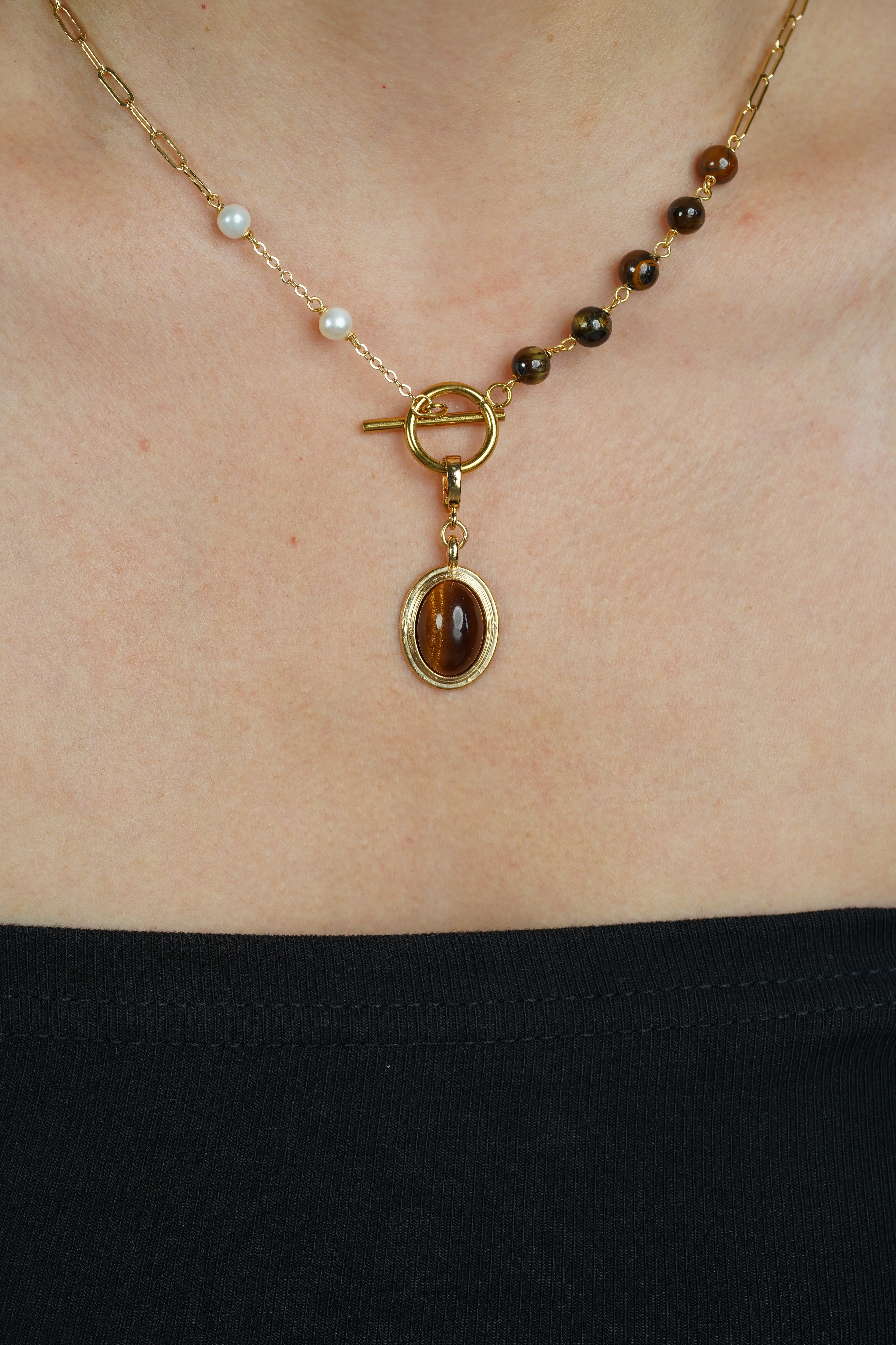Tiger's Eye Asymmetric Pearl Y Necklace