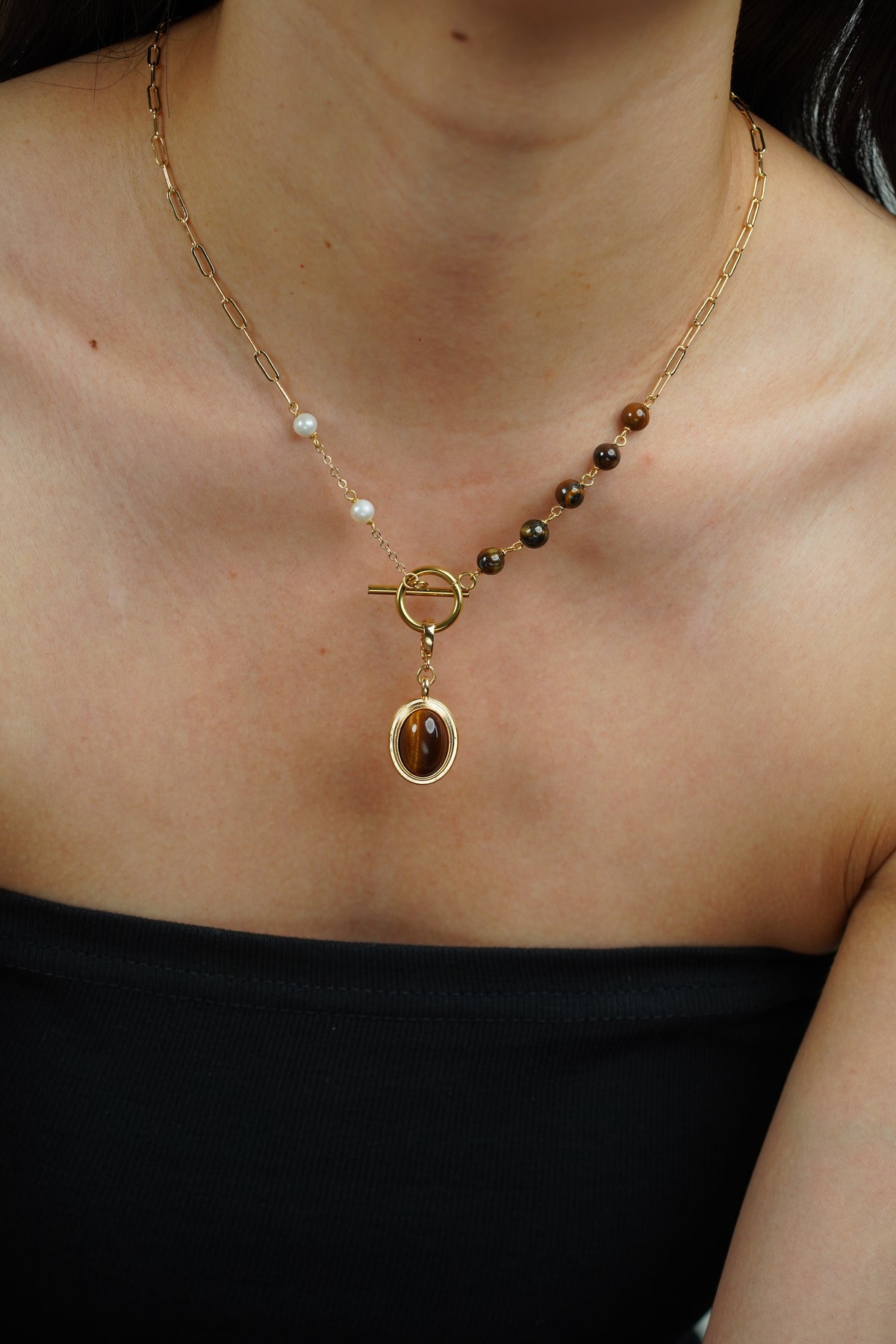 Tiger's Eye Asymmetric Pearl Y Necklace