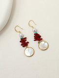 Scarlet Orbit Earrings with red coral, turquoise, pearls and mother-of-pearl discs