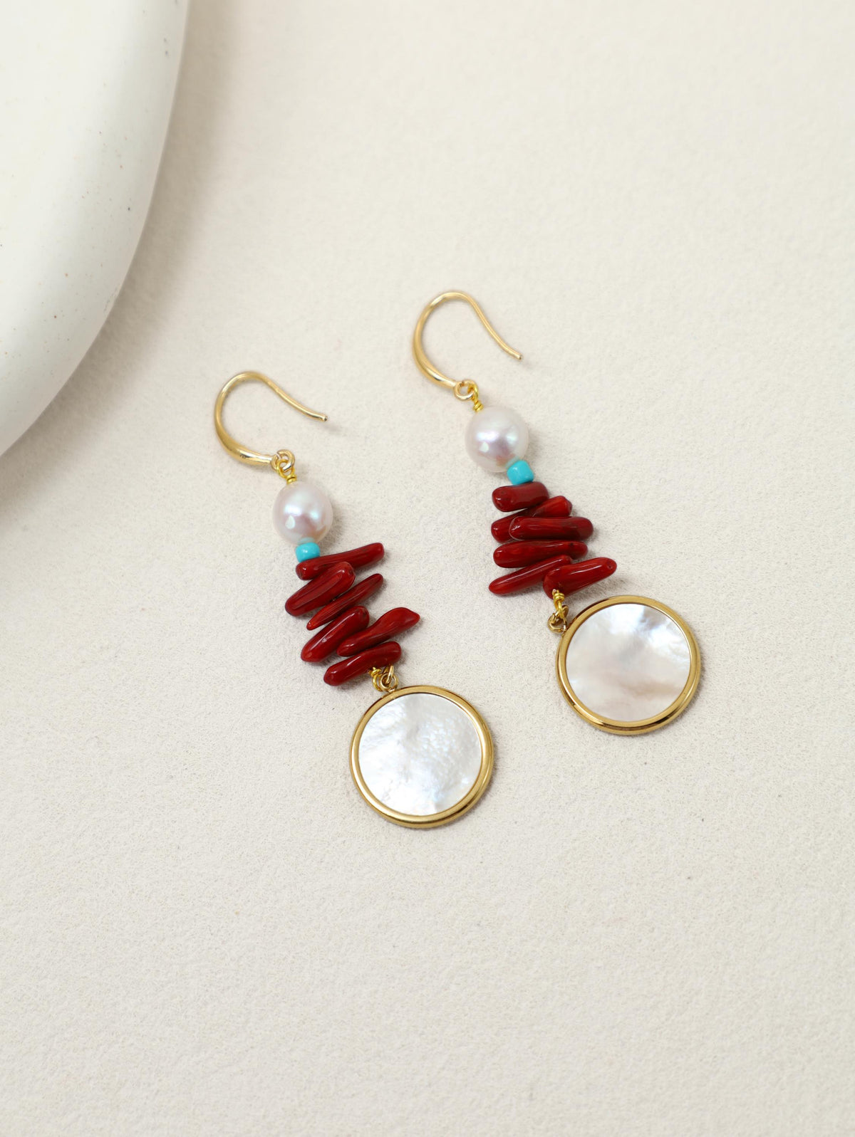 Scarlet Orbit Earrings with red coral, turquoise, pearls and mother-of-pearl discs