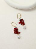 Scarlet Tide Earrings with red coral and pearl drops