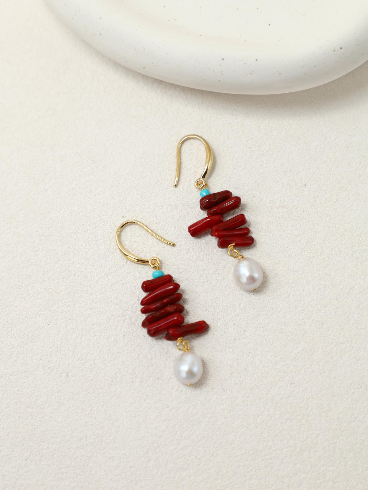 Scarlet Tide Earrings with red coral and pearl drops