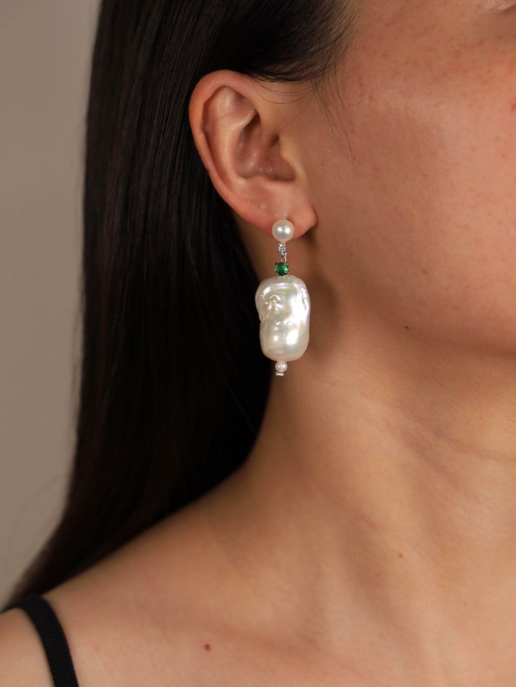 Green Crystal & Baroque Pearl Drop Earrings