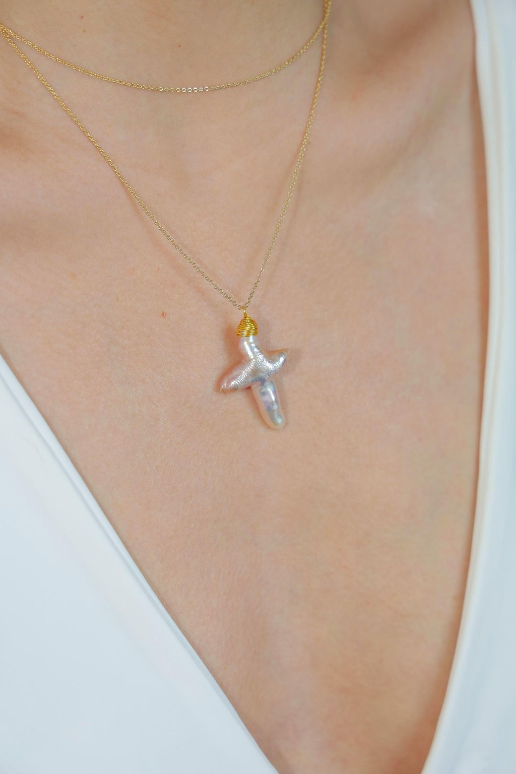 Double-Layer Baroque Pearl Cross Necklace