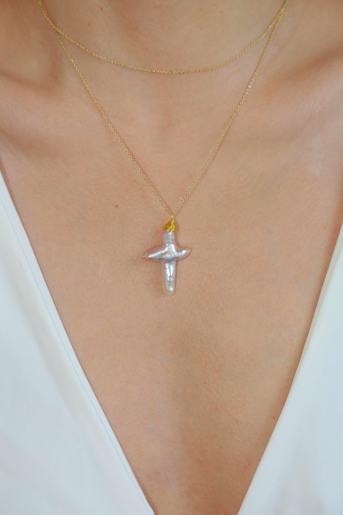 Double-Layer Baroque Pearl Cross Necklace