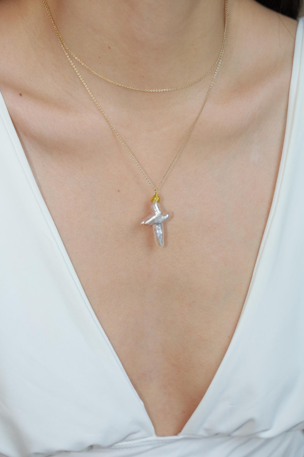 Double-Layer Baroque Pearl Cross Necklace