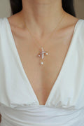 Three-Drop Baroque Pearl Cross Necklace