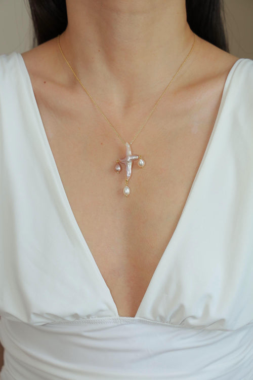 Three-Drop Baroque Pearl Cross Necklace
