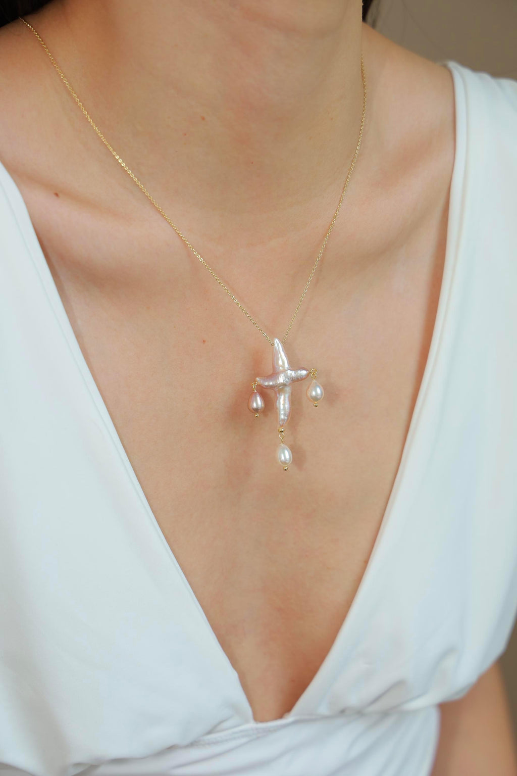 Three-Drop Baroque Pearl Cross Necklace