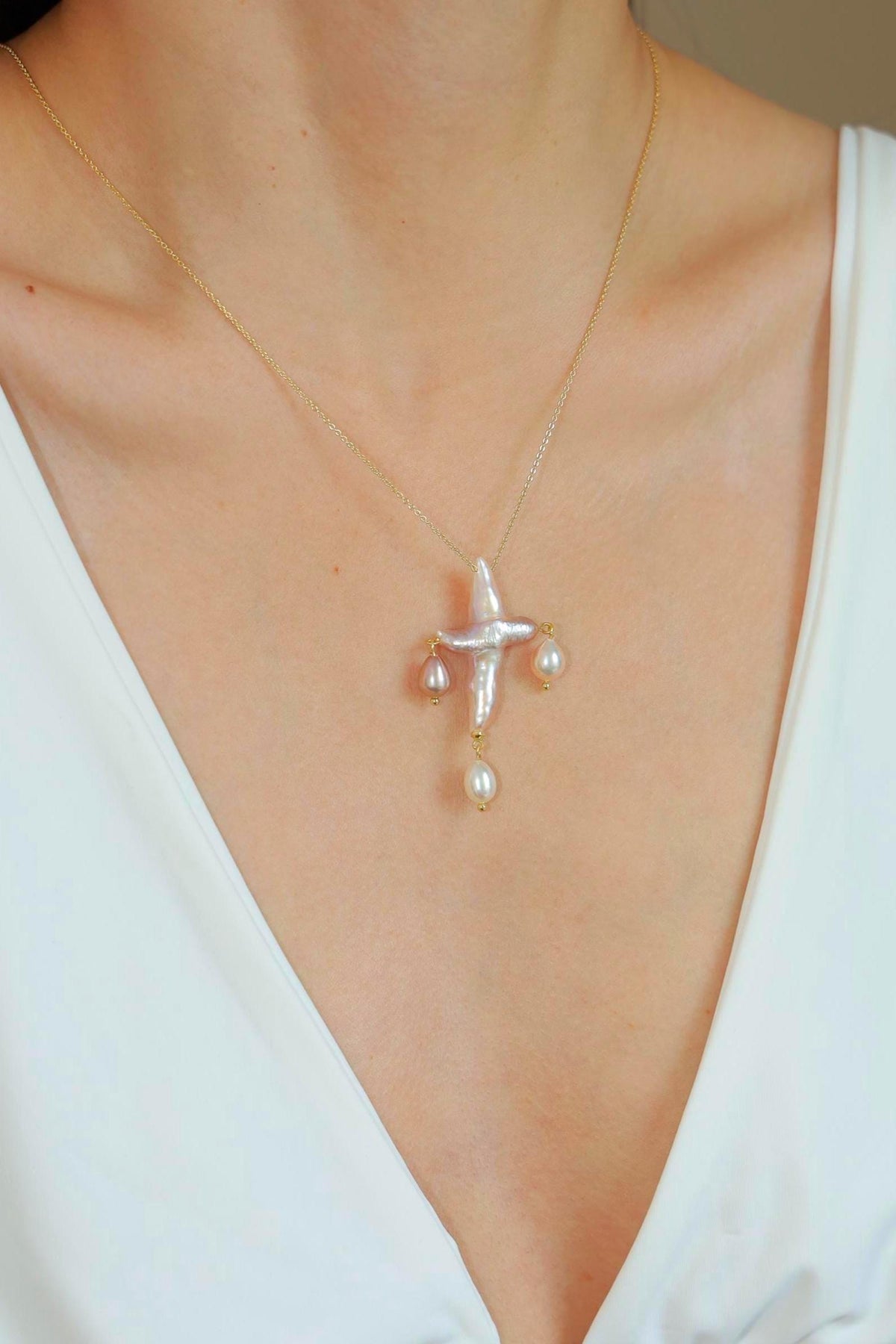 Three-Drop Baroque Pearl Cross Necklace