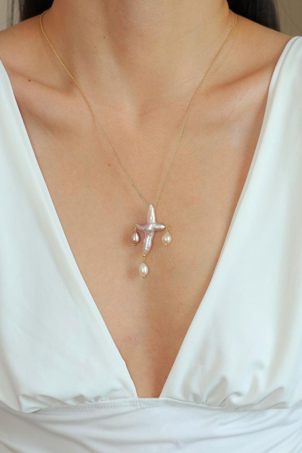 Three-Drop Baroque Pearl Cross Necklace