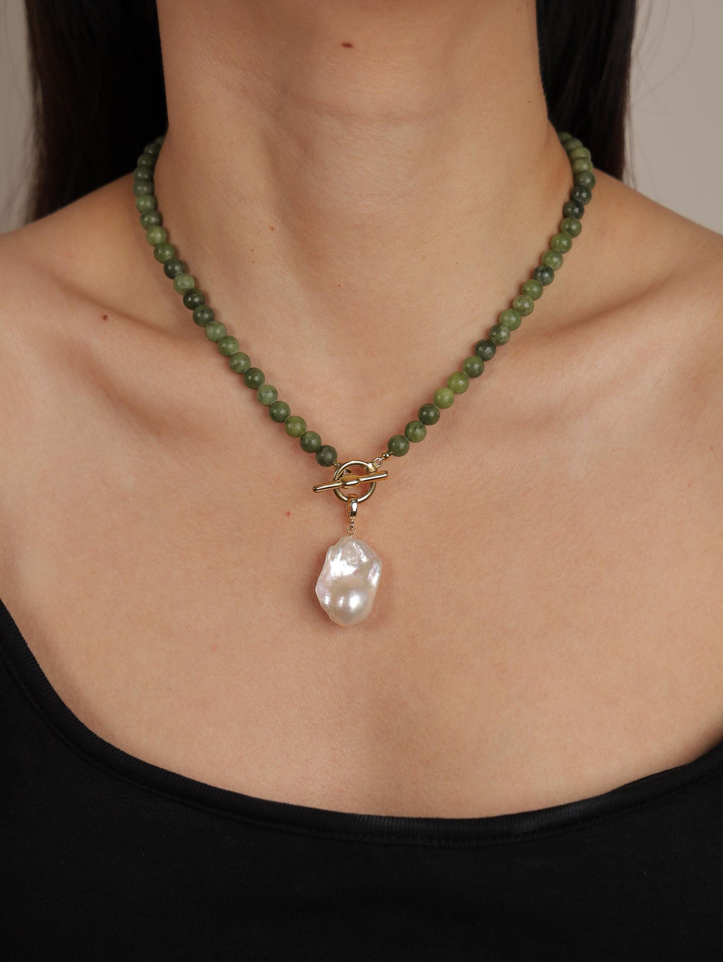 Green Serpentine & Baroque Pearl Toggle Necklace