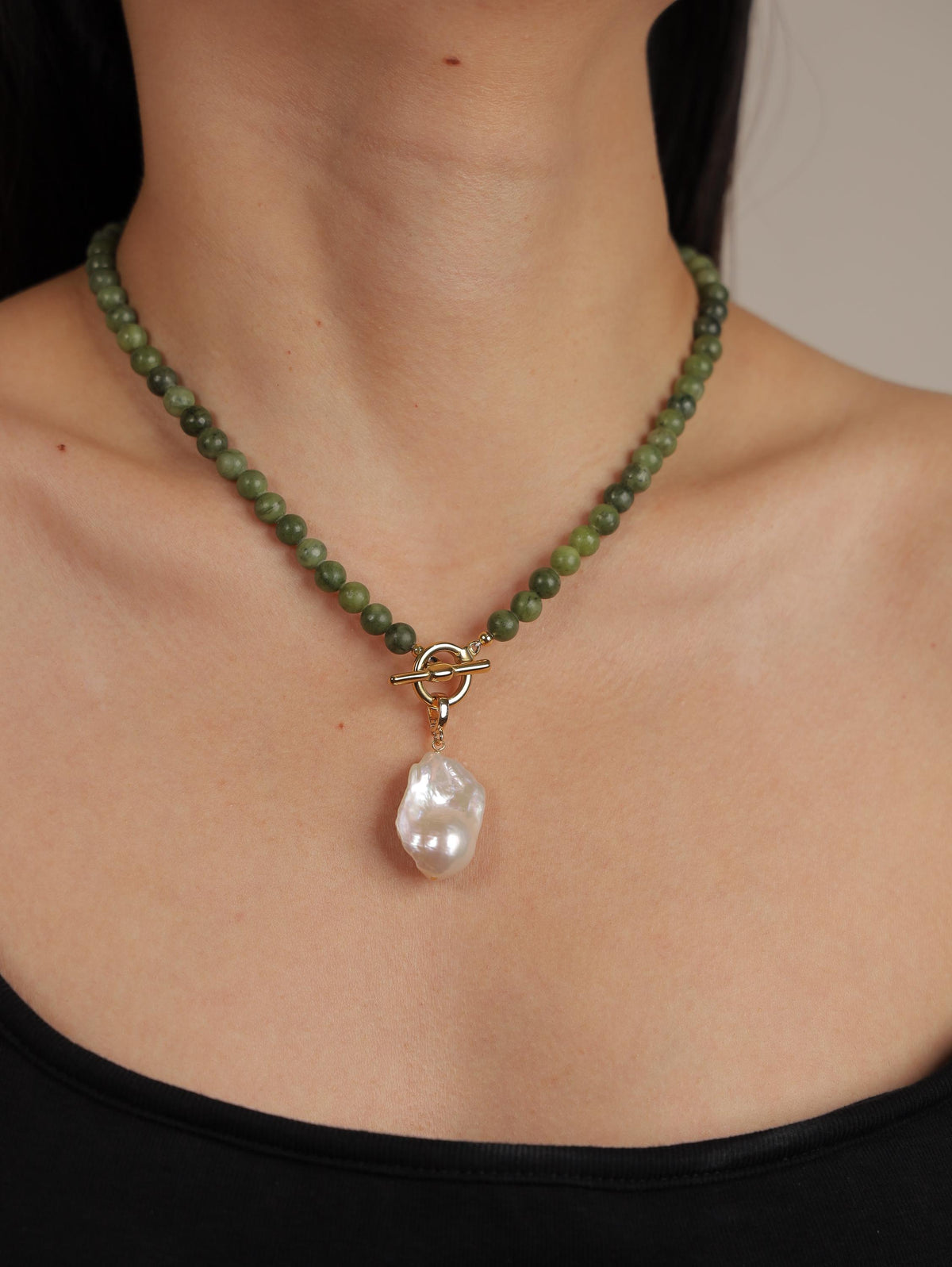 Green Serpentine & Baroque Pearl Toggle Necklace