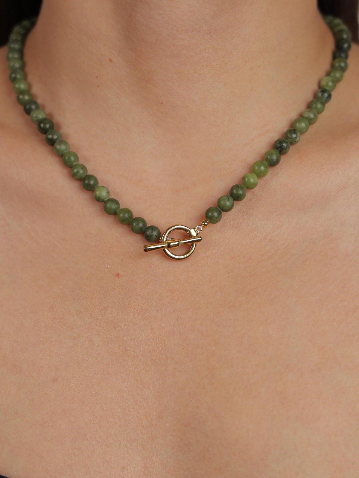 Green Serpentine & Baroque Pearl Toggle Necklace