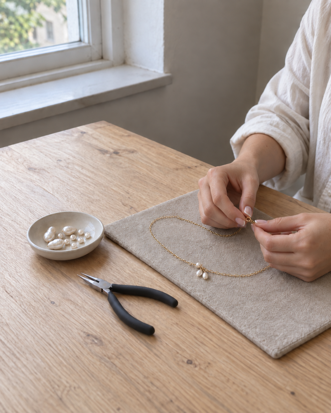 Editorial illustration of a pearl charm necklace being assembled by hand at a sunlit worktable.
