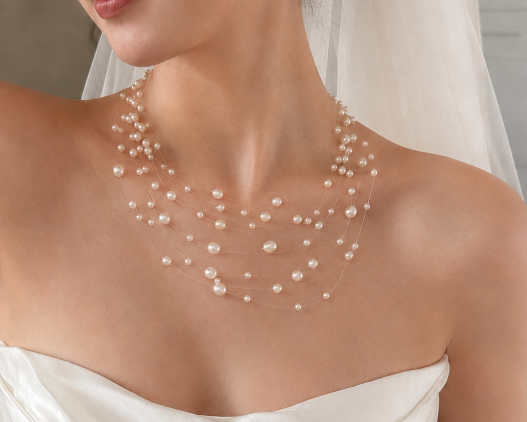 Layered floating pearls with a white bridal neckline and veil, used as an editorial placeholder.