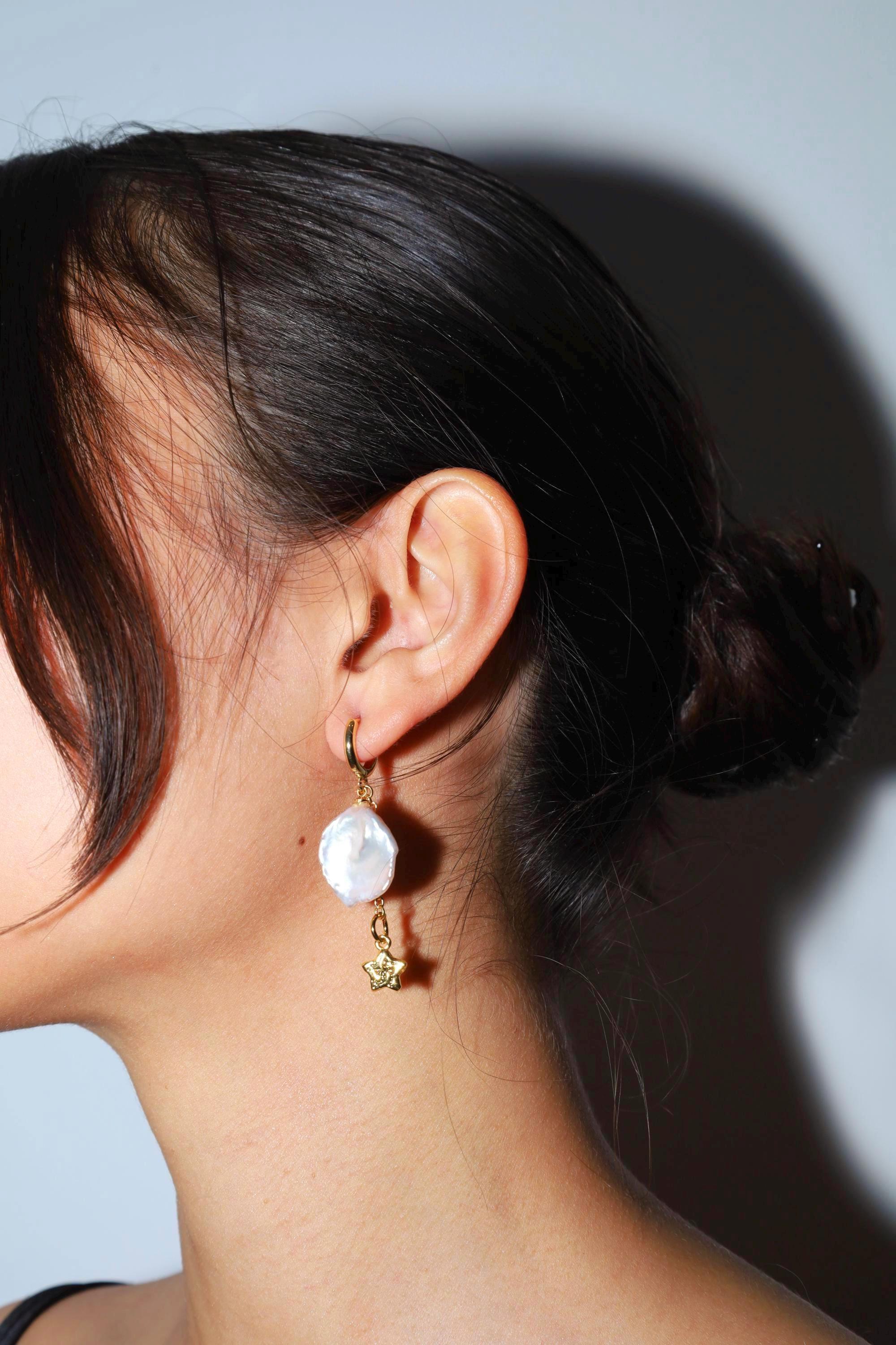 Baroque Pearl Hoop Earrings with Star Charm - AwarePearl 4