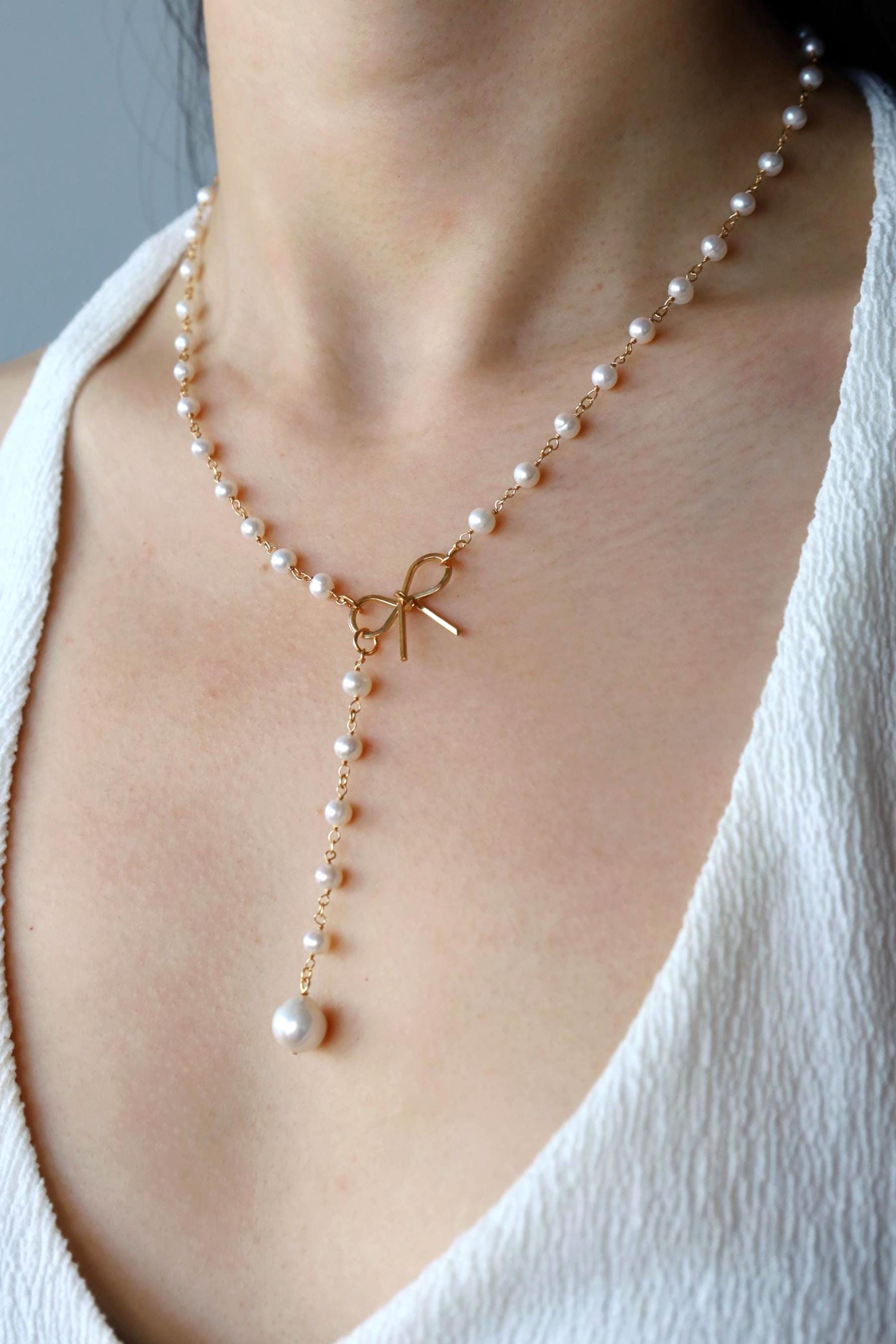 Bow Pearl Lariat Necklace - AwarePearl 2