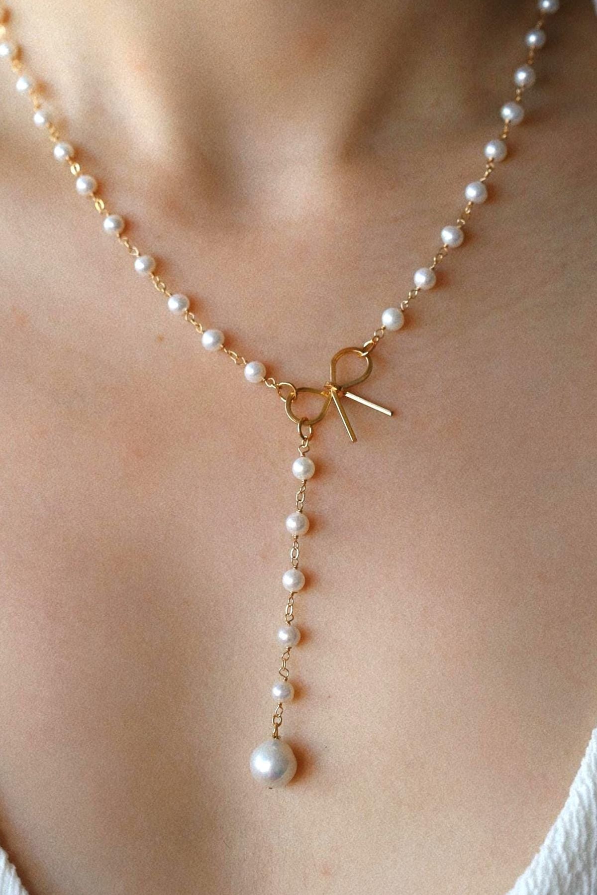 Bow Pearl Lariat Necklace - AwarePearl 6