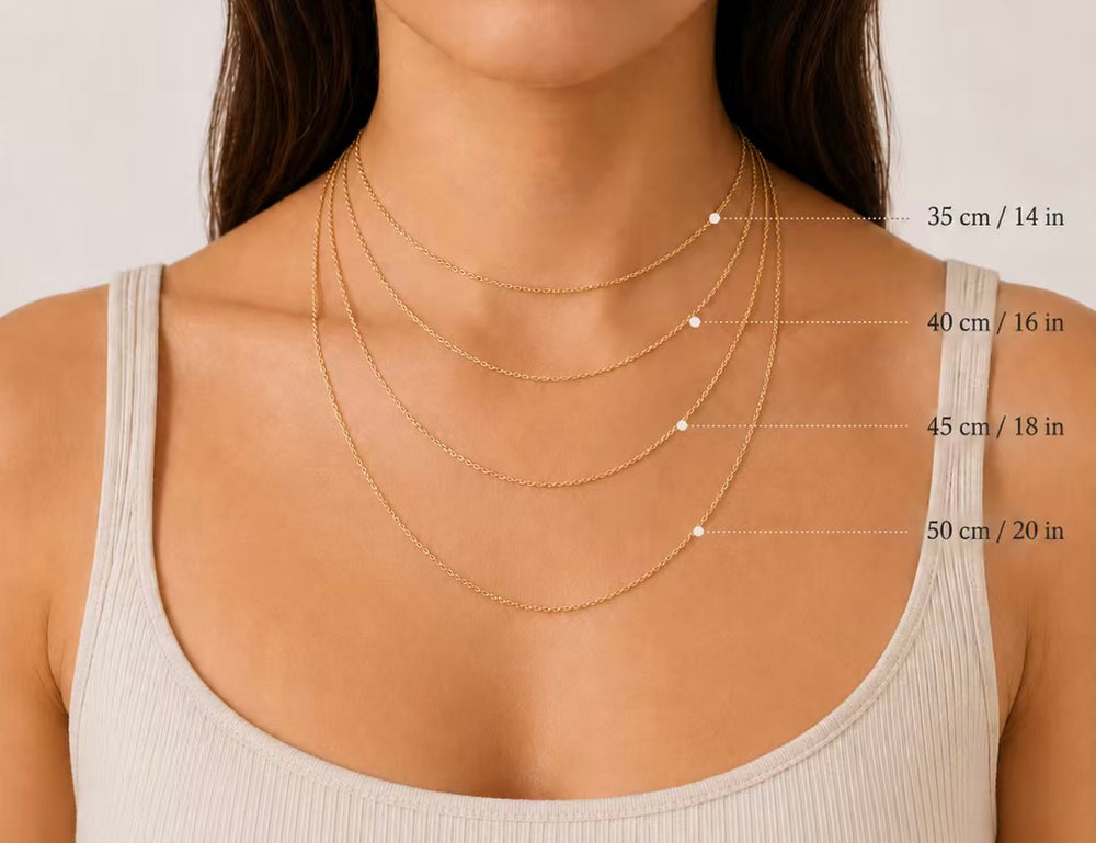 Necklace size guide showing 35 cm, 40 cm, 45 cm and 50 cm necklace lengths